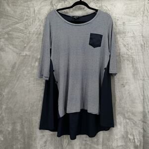 Comfy USA Tunic Top Women Medium Blue White Striped Boxy Pocket Coastal Nautical